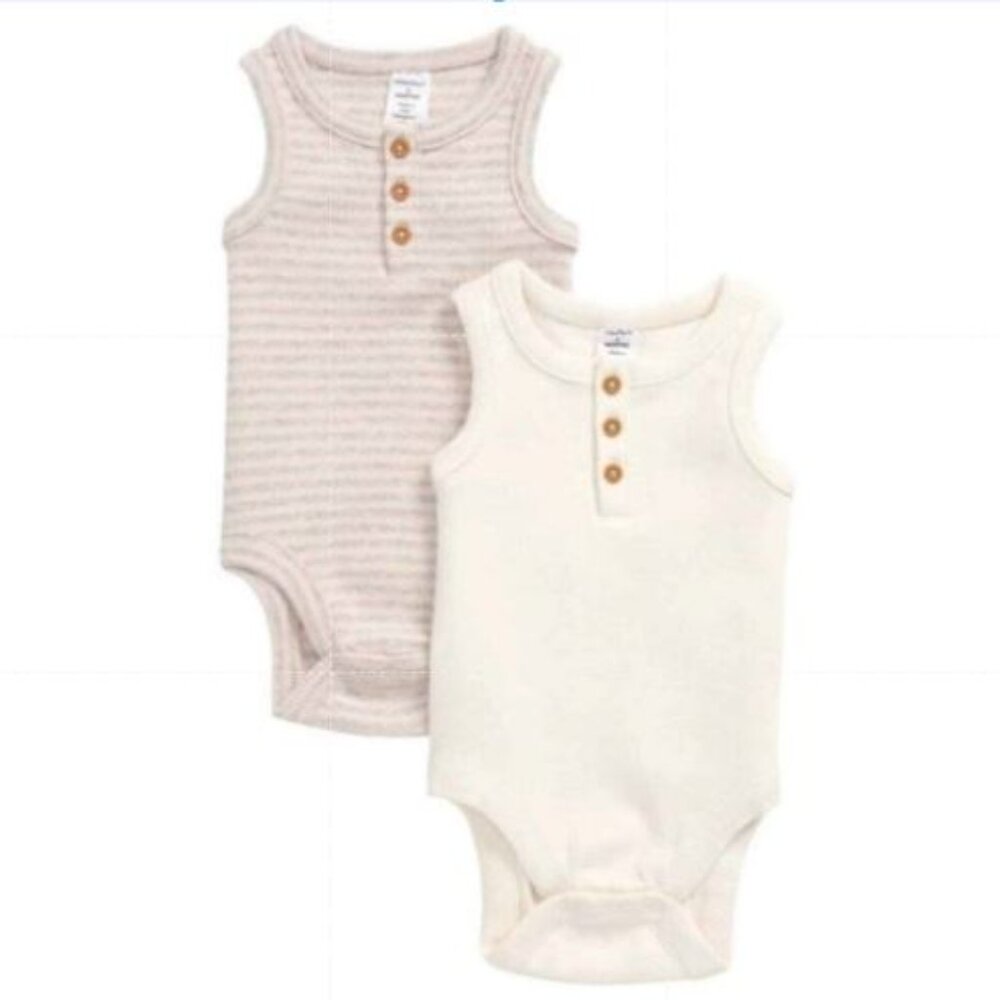 Nordstrom Babies 2-pack Rib Knit Henley Bodysuits Ivory- Pink Stripe Pack NB NWT